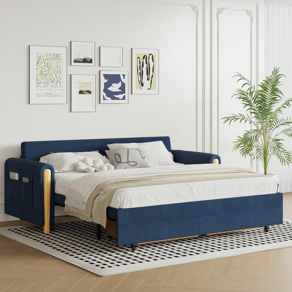 82" Queen 3-Seater Linen Convertible Sleeper Sofa window image