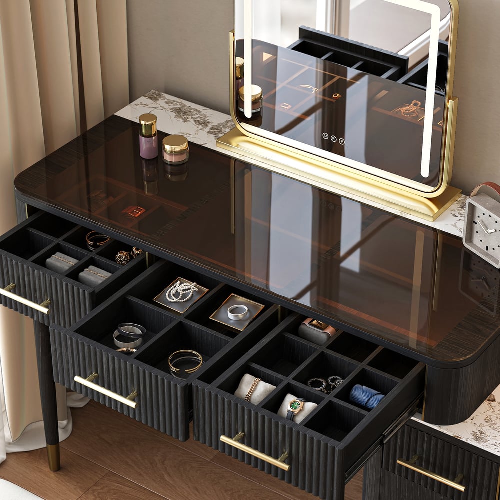 Conjunto de maquiagem com tampo de pedra sinterizada de vidro preto com espelho Imagem da janela