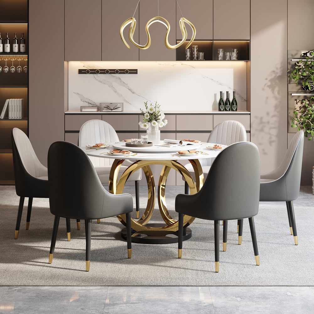 Dining Set 59" Sintered Stone Round Dining Table White & Gray with 6 Chairs window image