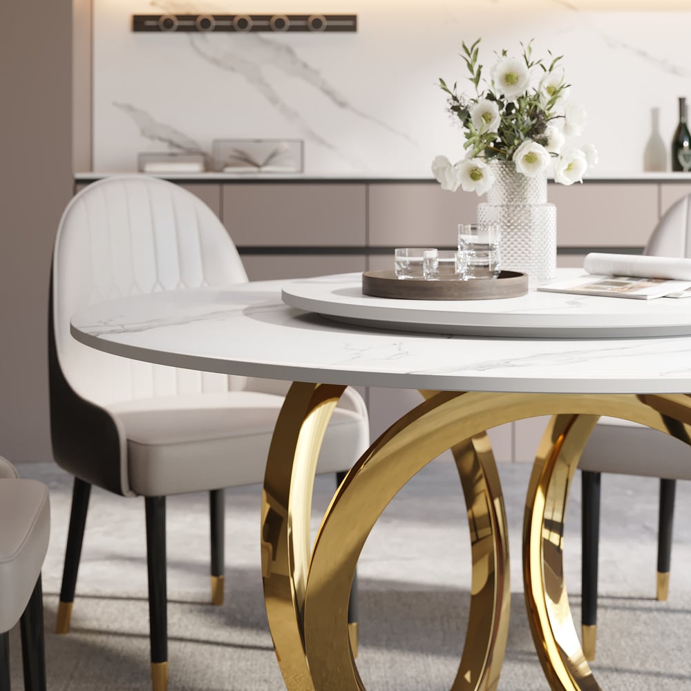 Dining Set 59" Sintered Stone Round Dining Table White & Gray with 6 Chairs window image