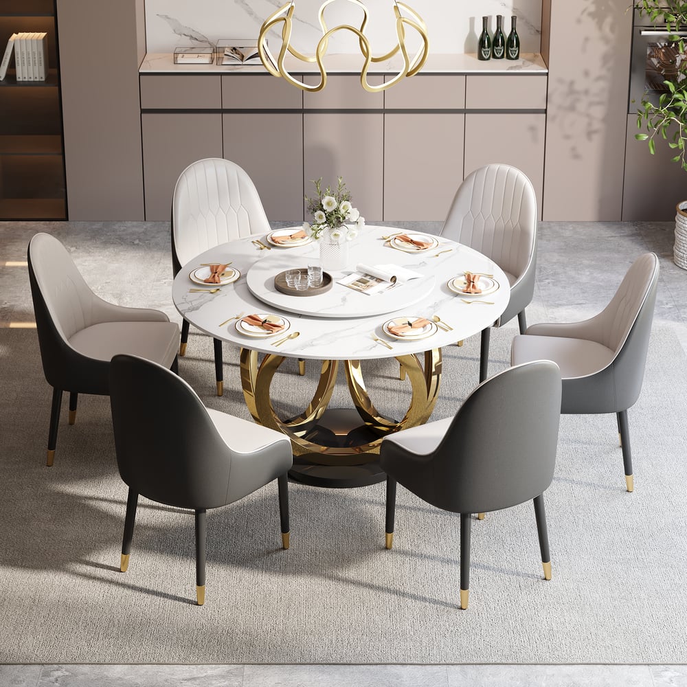 Dining Set 59" Sintered Stone Round Dining Table White & Gray with 6 Chairs window image