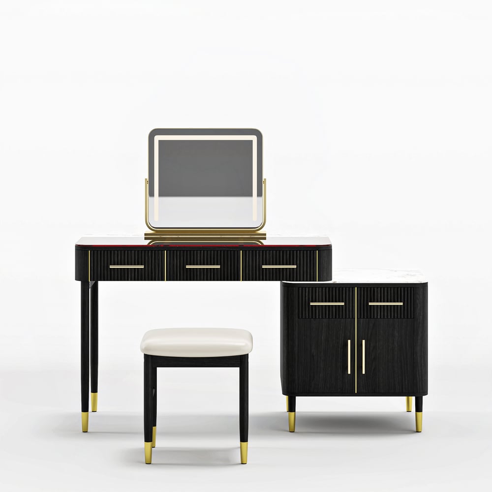 Conjunto de maquiagem com tampo de pedra sinterizada de vidro preto com espelho Imagem da janela