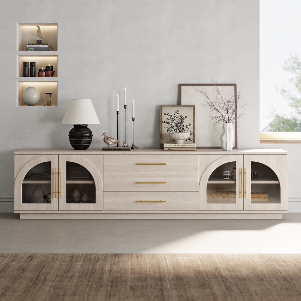 Arune 2030mm Łukowe szklane drzwi stojak telewizyjny ze schowkiem i diodą LED obraz okna