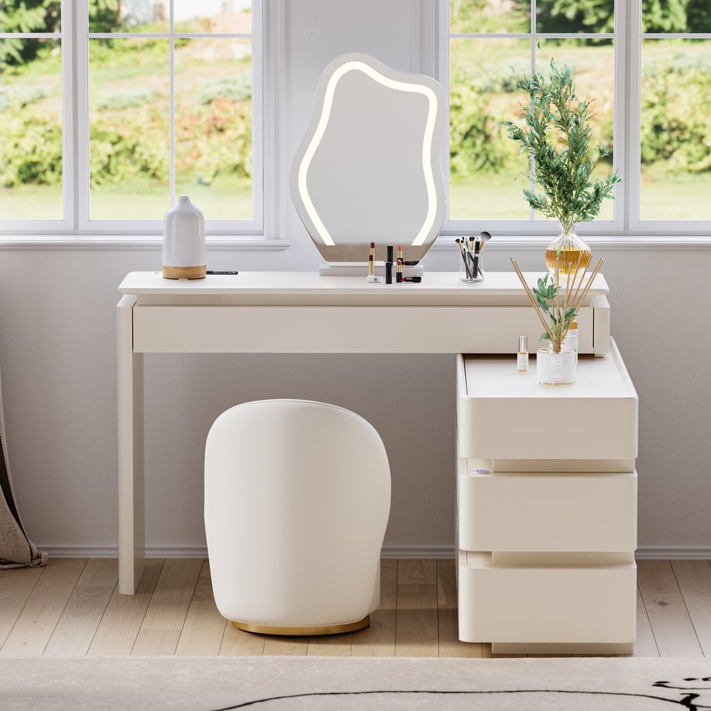 Leather Round Makeup Vanity Stool with Back Accent Chair window image