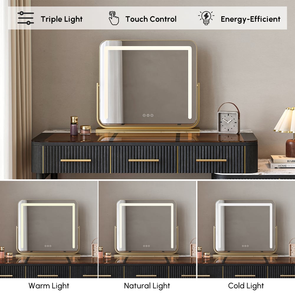 Conjunto de maquiagem com tampo de pedra sinterizada de vidro preto com espelho Imagem da janela