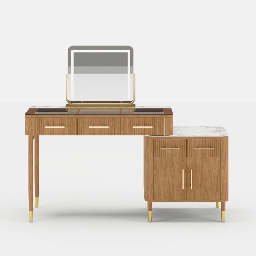 Conjunto de toucador de maquiagem com tampo de pedra sinterizada de vidro natural com espelho Imagem da janela