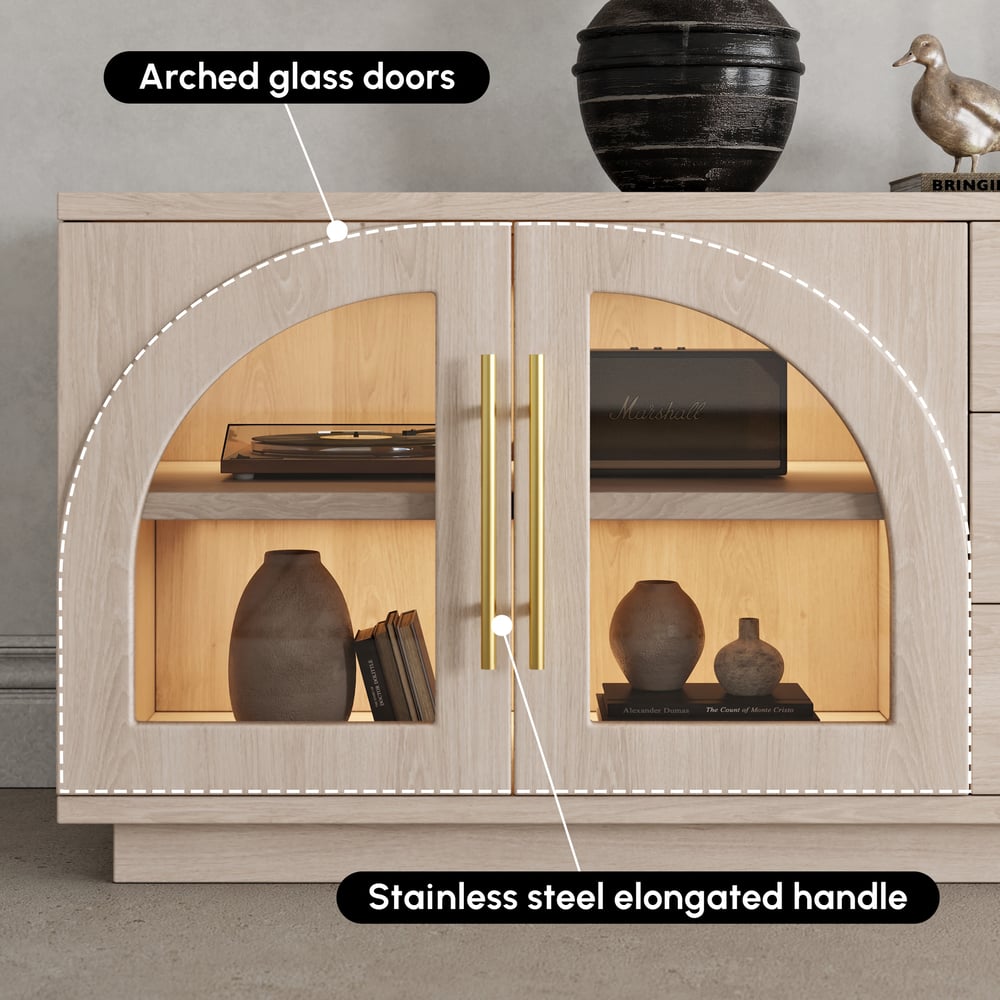 Arune 2030mm Łukowe szklane drzwi stojak telewizyjny ze schowkiem i diodą LED obraz okna