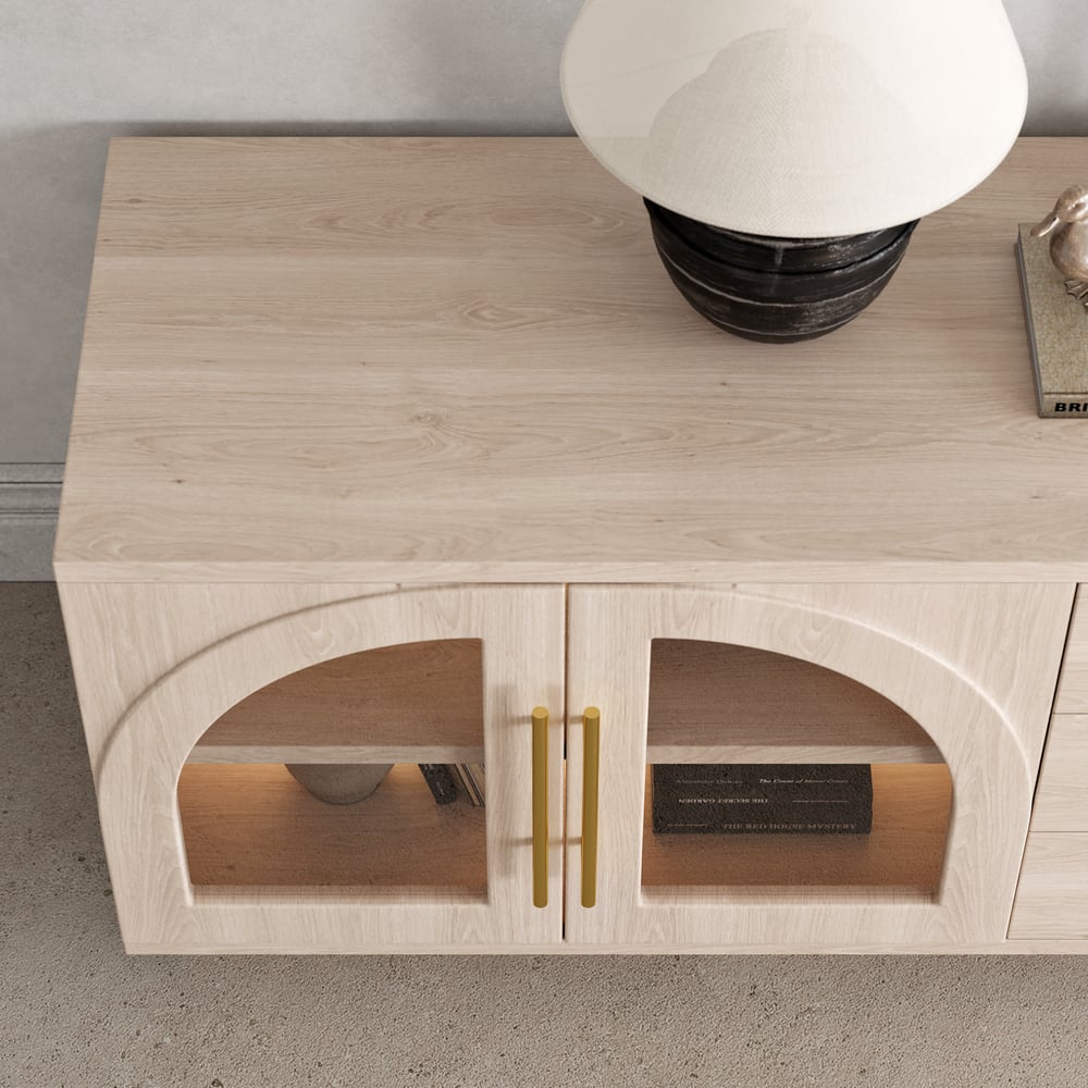 Arune 2030mm Łukowe szklane drzwi stojak telewizyjny ze schowkiem i diodą LED obraz okna