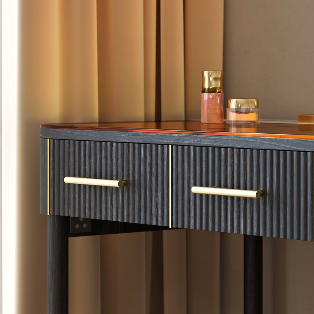 Conjunto de maquiagem com tampo de pedra sinterizada de vidro preto com espelho Imagem da janela