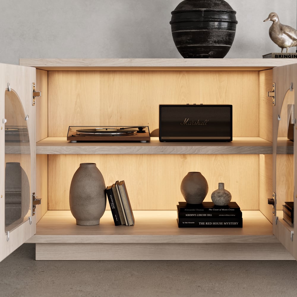 Arune 2030mm Łukowe szklane drzwi stojak telewizyjny ze schowkiem i diodą LED obraz okna