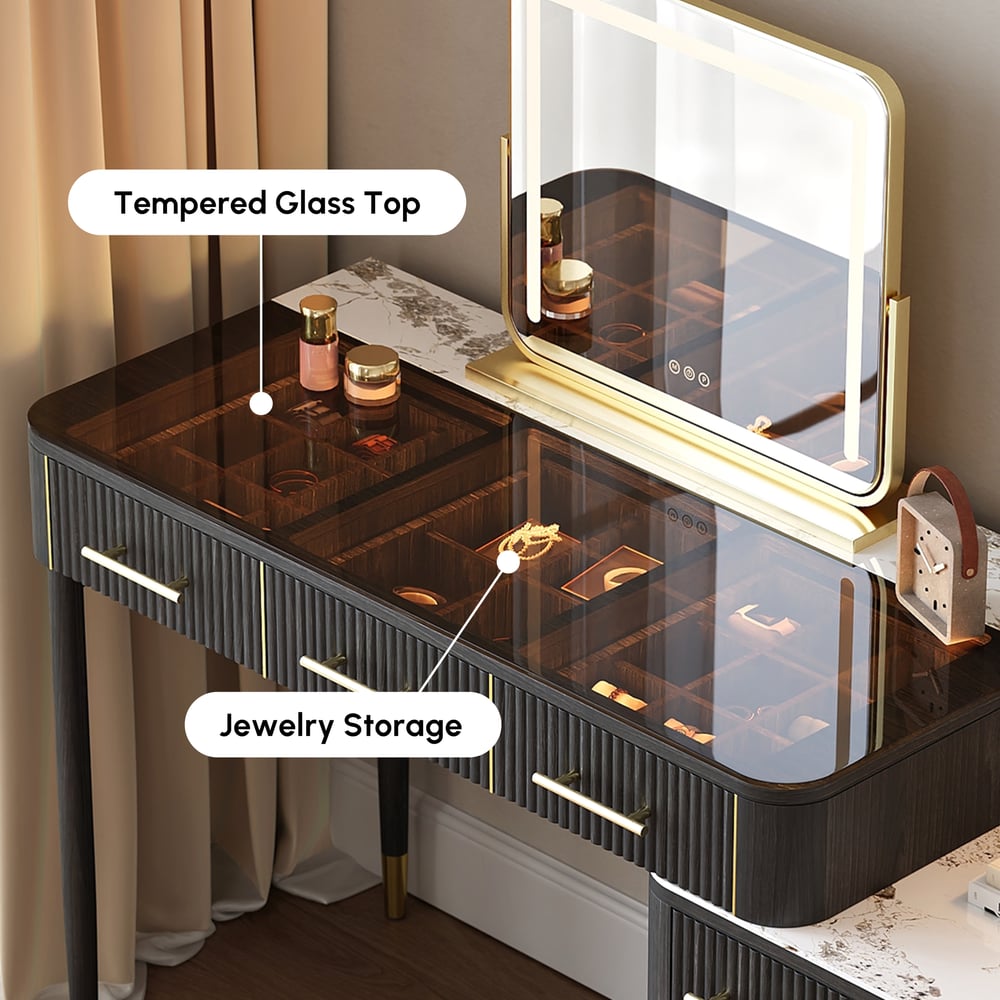 Conjunto de maquiagem com tampo de pedra sinterizada de vidro preto com espelho Imagem da janela