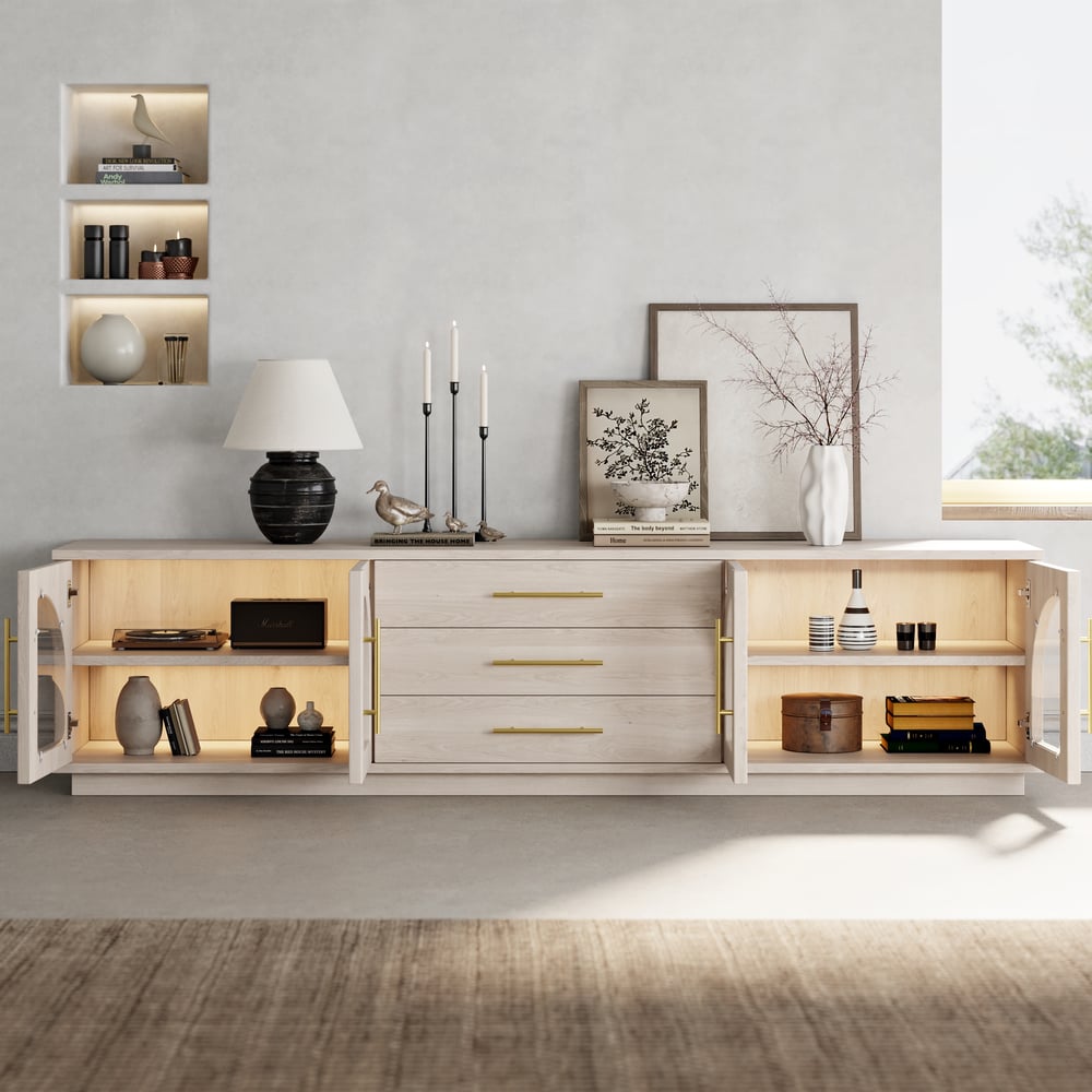 Arune 2030mm Łukowe szklane drzwi stojak telewizyjny ze schowkiem i diodą LED obraz okna