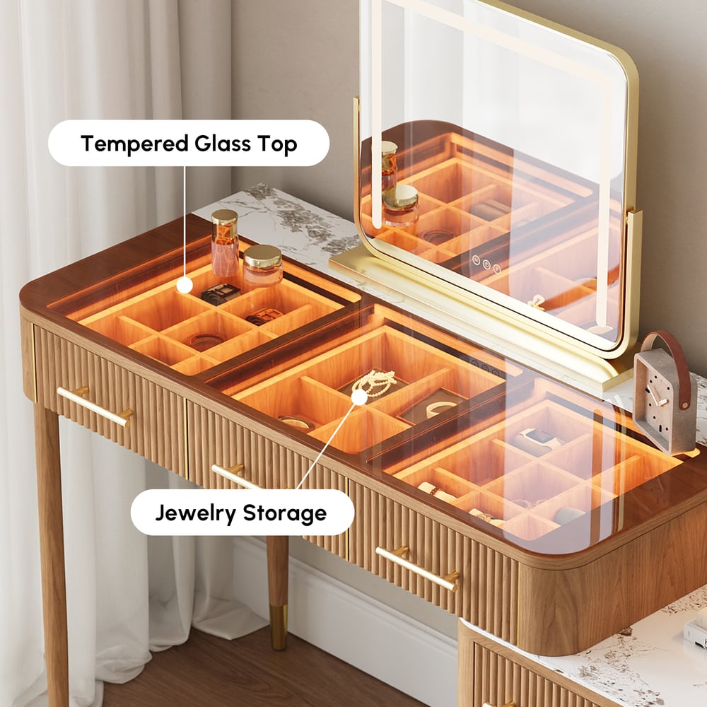 Conjunto de toucador de maquiagem com tampo de pedra sinterizada de vidro natural com espelho Imagem da janela