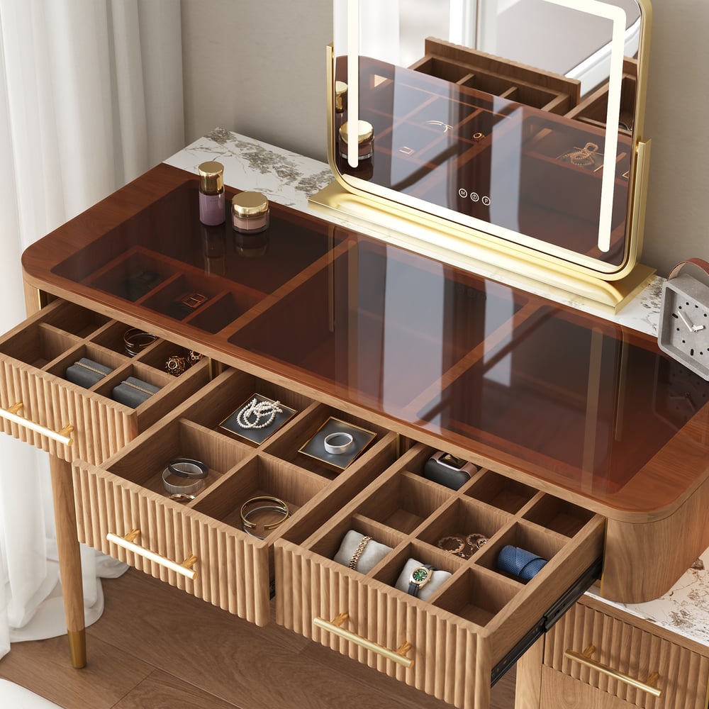 Conjunto de toucador de maquiagem com tampo de pedra sinterizada de vidro natural com espelho Imagem da janela