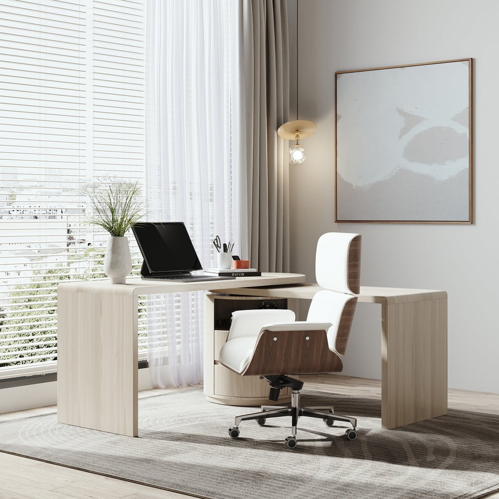Modern Wash White L Shaped Desk & Off White Home Office Chair Set Upholstered Swivel window image