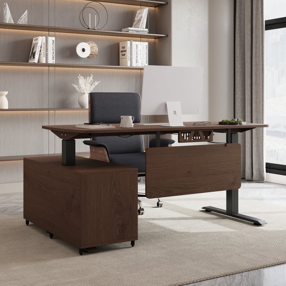 Modern Walnut L-Desk Adjustable Electric Standing Desk Right Hand & Office Chair Set window image