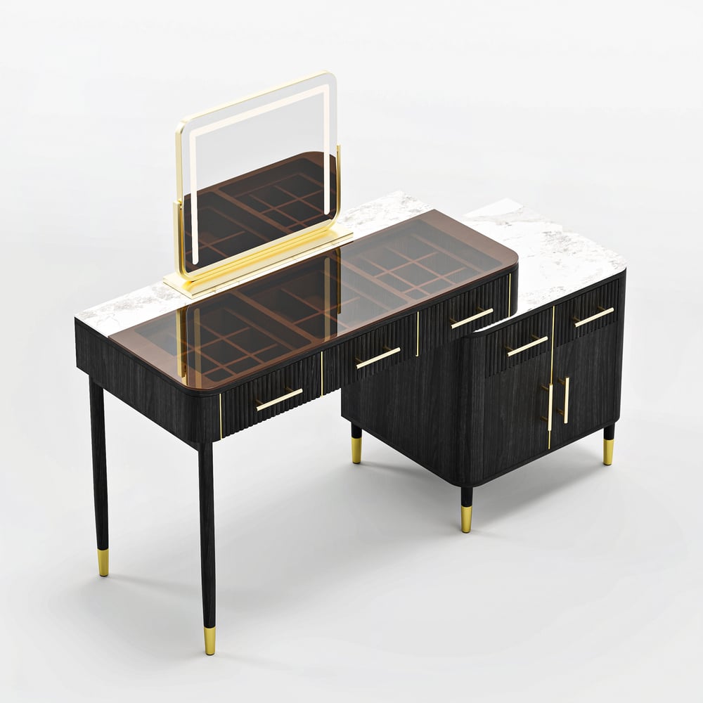 Conjunto de maquiagem com tampo de pedra sinterizada de vidro preto com espelho Imagem da janela