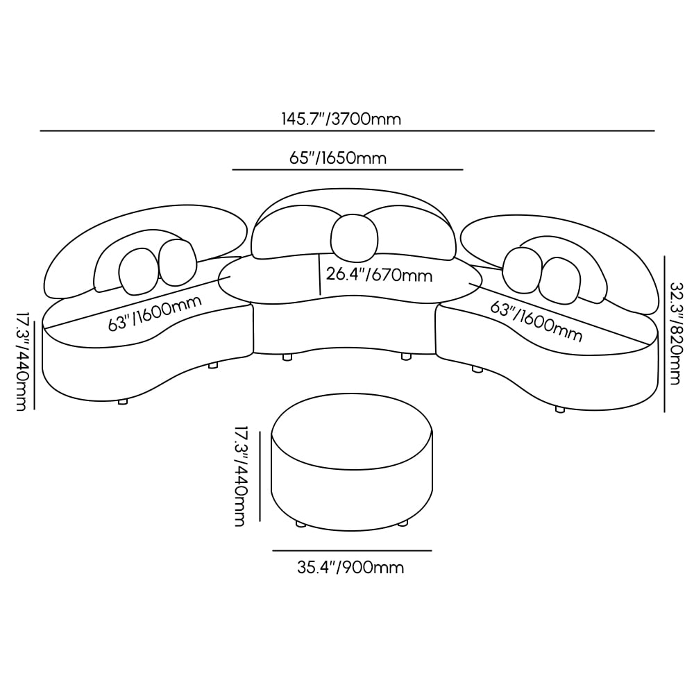 146" 4-Piece Curved Velvet Sectional Sofa with Ottoman & Pillows weights dimensions image