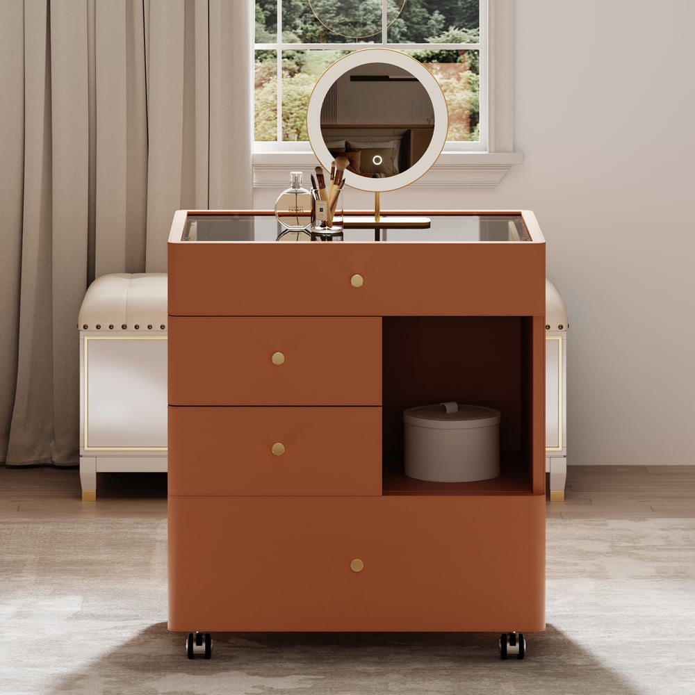 Saddle Leather Walk-In Closet Island Jewelry Dresser with Glass Top window image