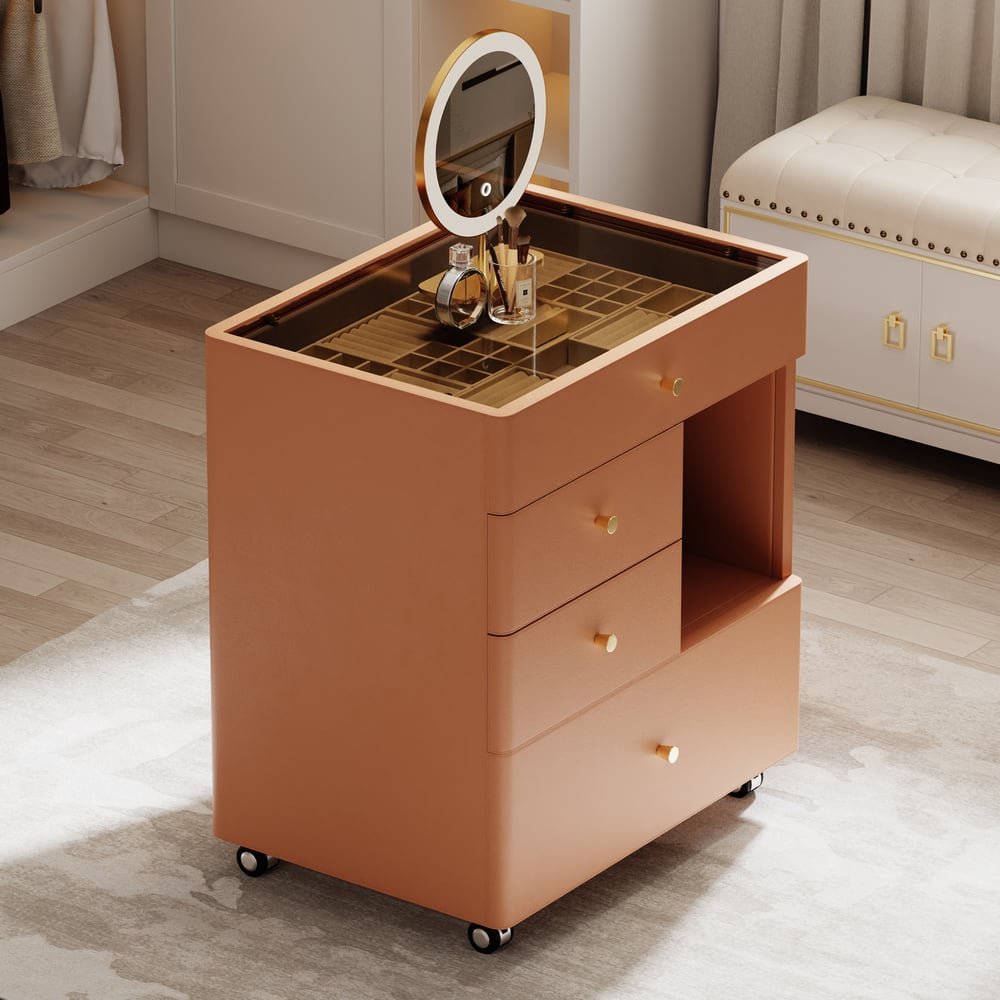 Saddle Leather Walk-In Closet Island Jewelry Dresser with Glass Top window image