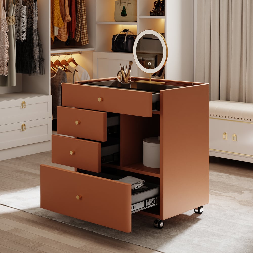 Saddle Leather Walk-In Closet Island Jewelry Dresser with Glass Top window image