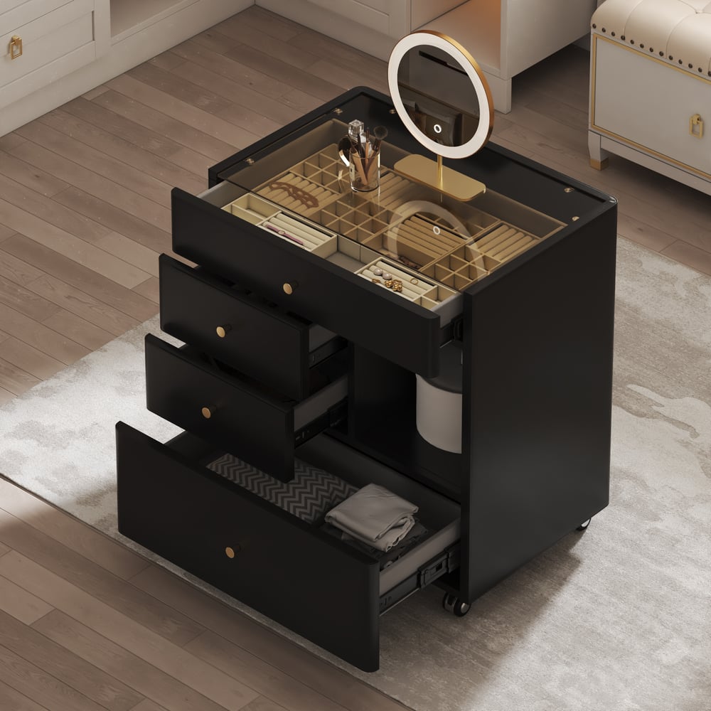 Saddle Leather Walk-In Closet Island Jewelry Dresser with Glass Top window image