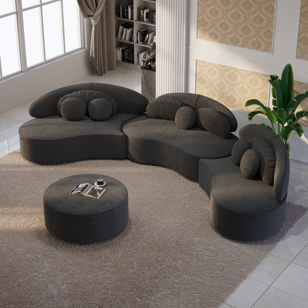 4-Piece Curved Boucle Sectional Sofa with Ottoman & Pillows window image