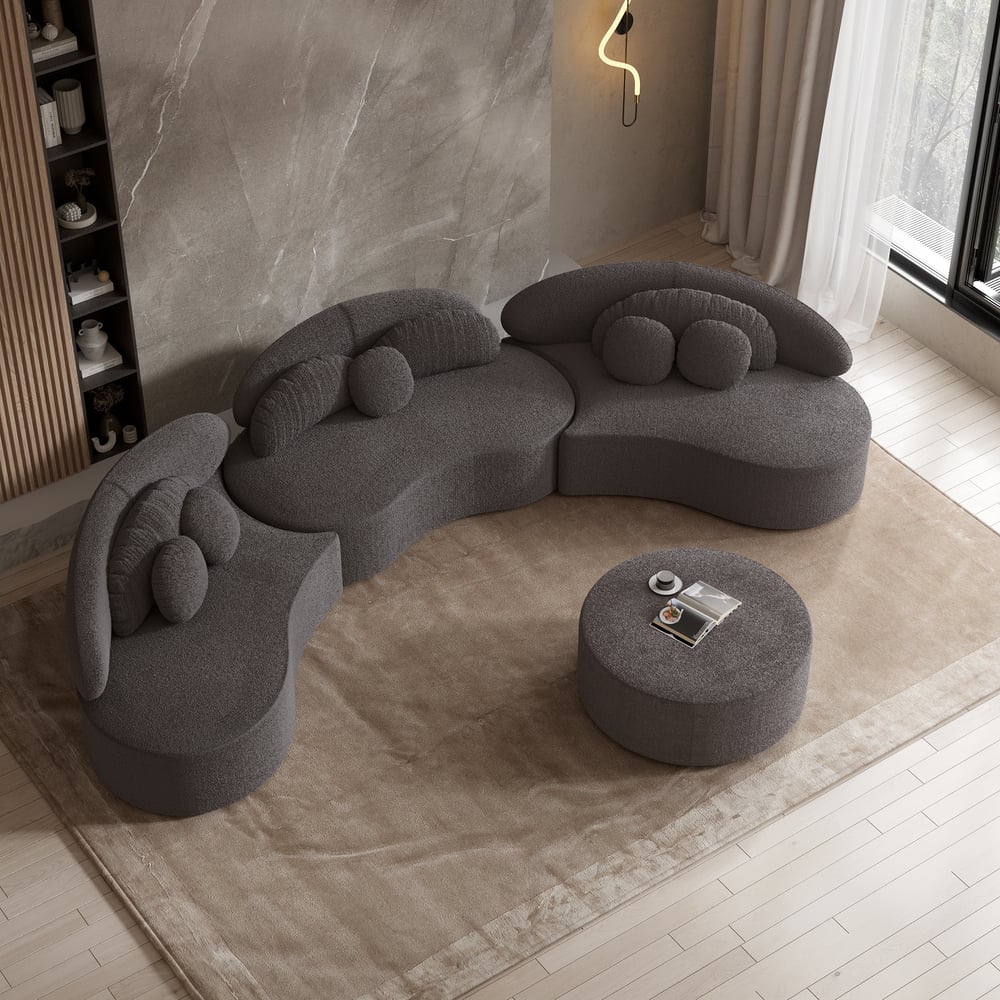 4-Piece Curved Boucle Sectional Sofa with Ottoman & Pillows window image