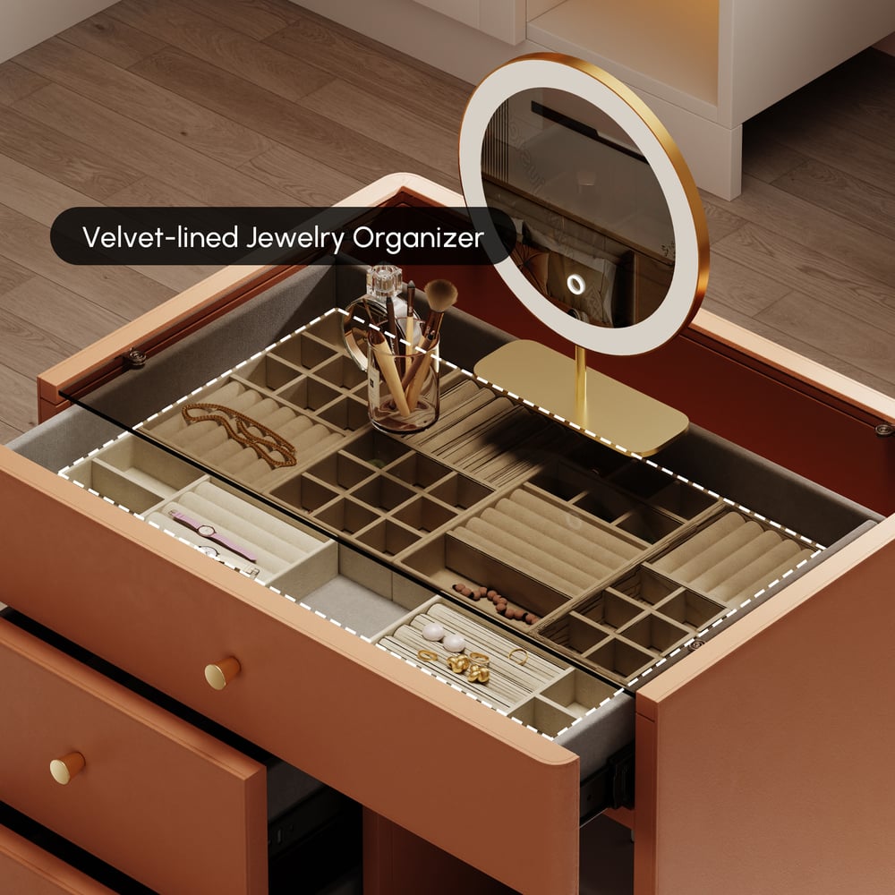 Saddle Leather Walk-In Closet Island Jewelry Dresser with Glass Top window image