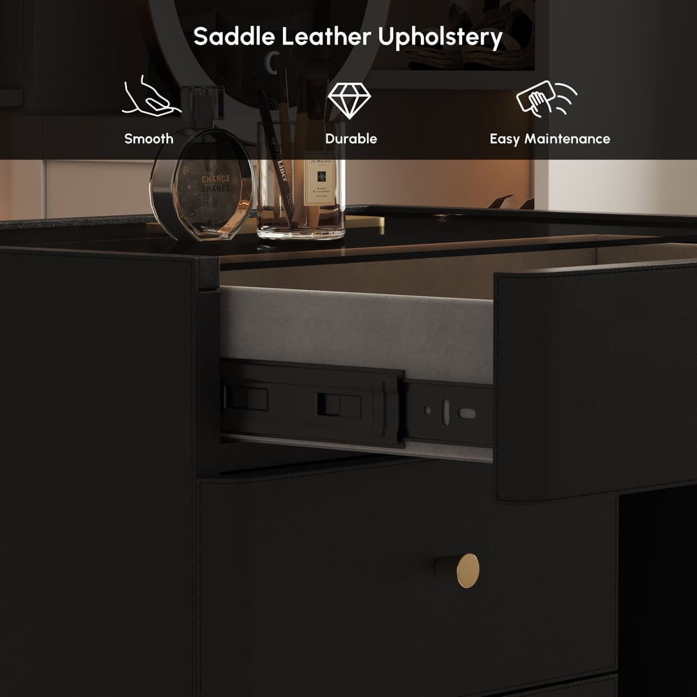 Saddle Leather Walk-In Closet Island Jewelry Dresser with Glass Top window image