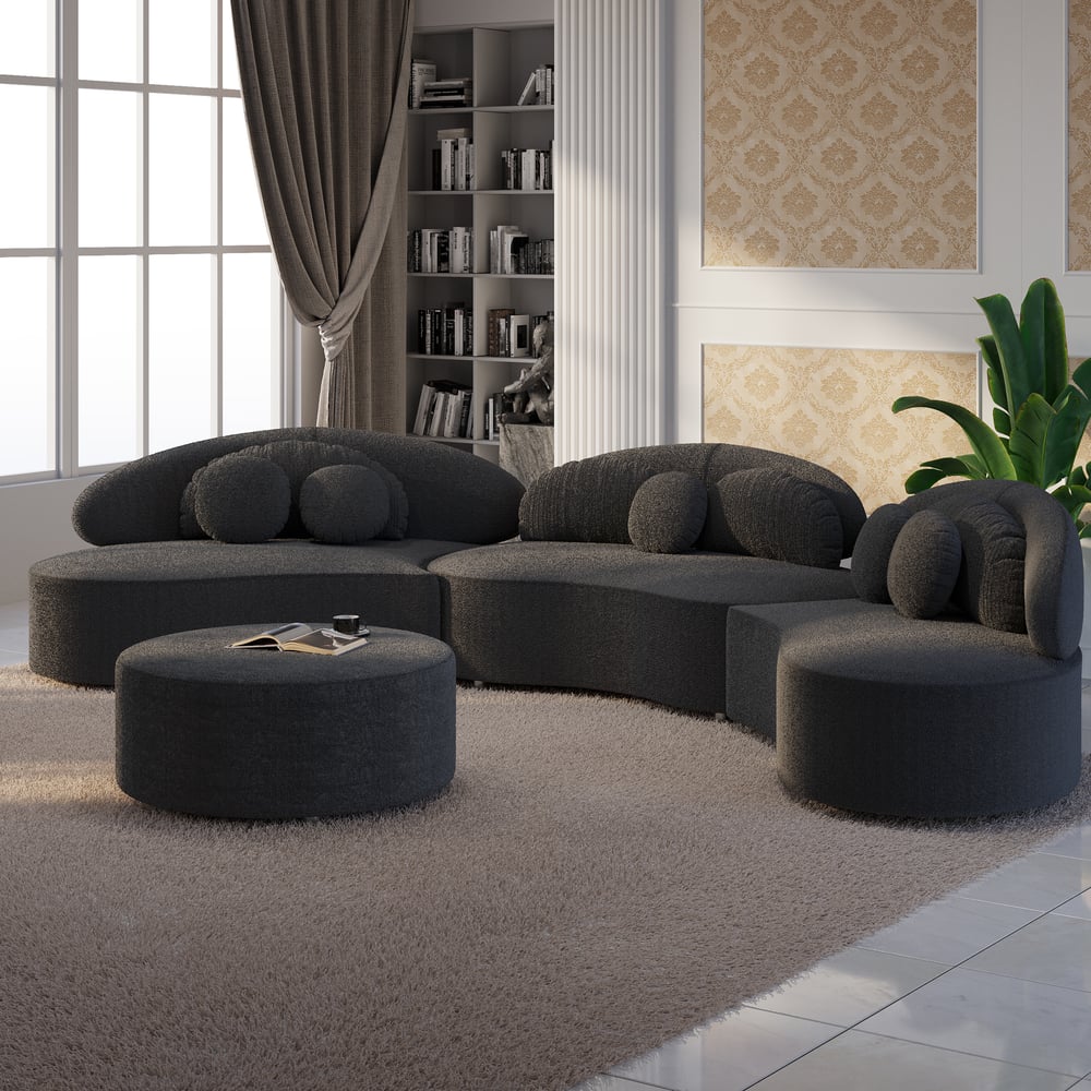 4-Piece Curved Boucle Sectional Sofa with Ottoman & Pillows window image