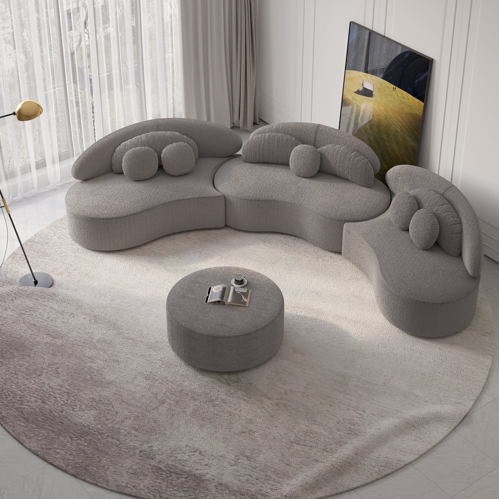 4-Piece Curved Boucle Sectional Sofa with Ottoman & Pillows window image