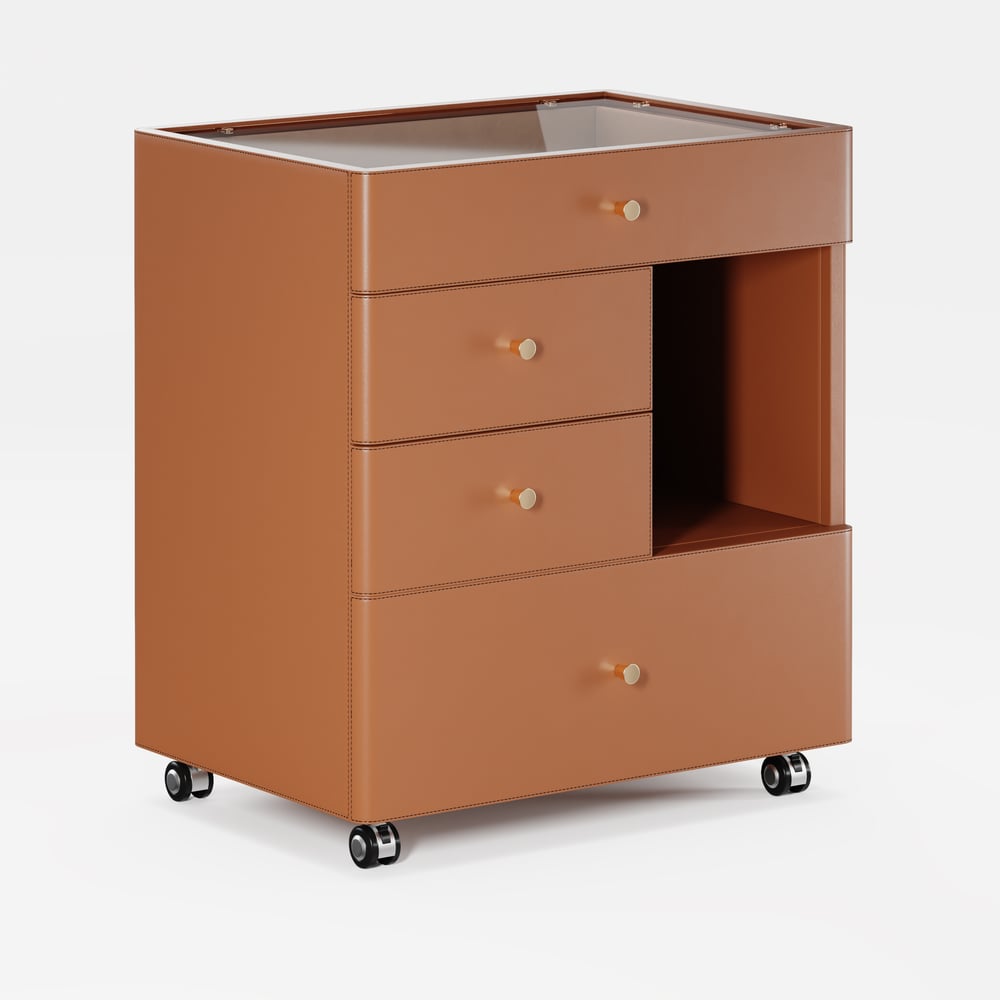 Saddle Leather Walk-In Closet Island Jewelry Dresser with Glass Top window image