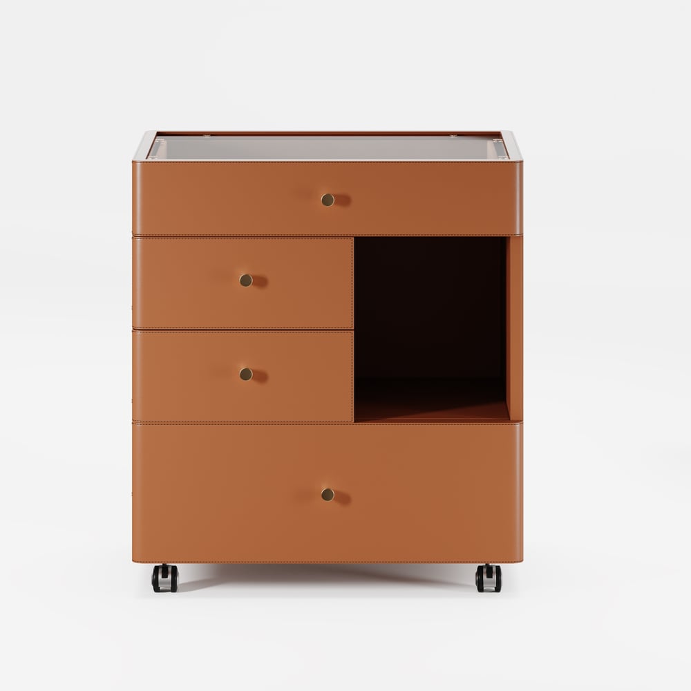 Saddle Leather Walk-In Closet Island Jewelry Dresser with Glass Top window image