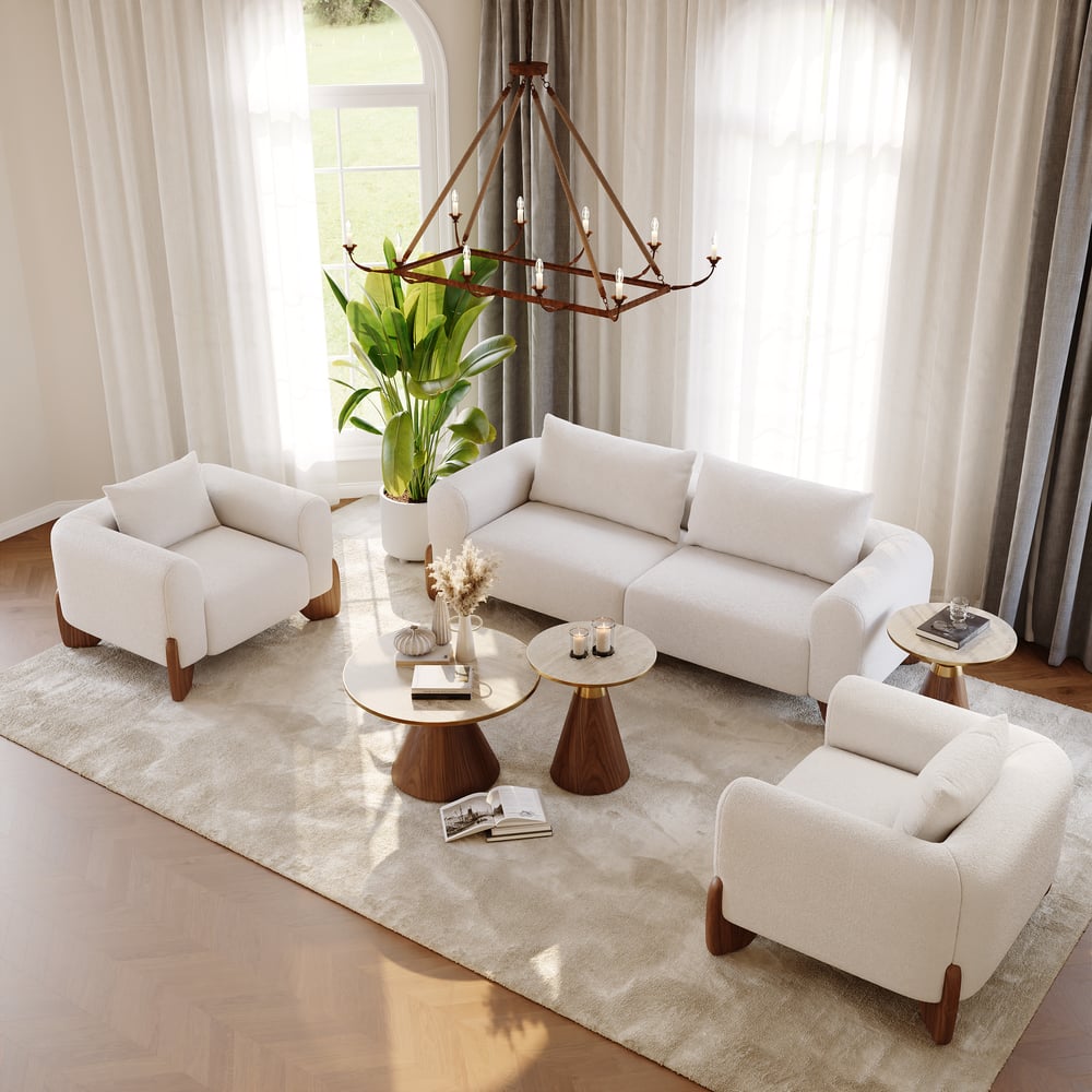 Mesa de café redonda com tampo de pedra sinterizada de nogueira e travertino de 700 mm Imagem da janela