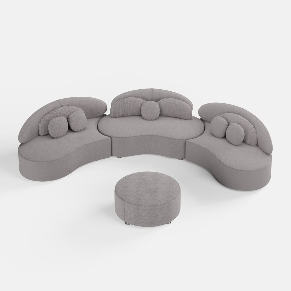 4-Piece Curved Boucle Sectional Sofa with Ottoman & Pillows window image