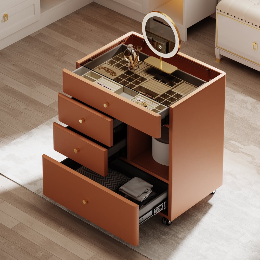 Saddle Leather Walk-In Closet Island Jewelry Dresser with Glass Top window image