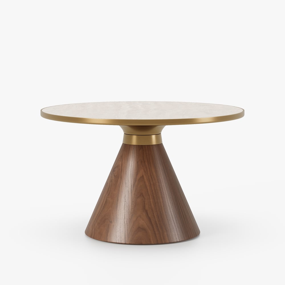 Mesa de café redonda com tampo de pedra sinterizada de nogueira e travertino de 700 mm Imagem da janela