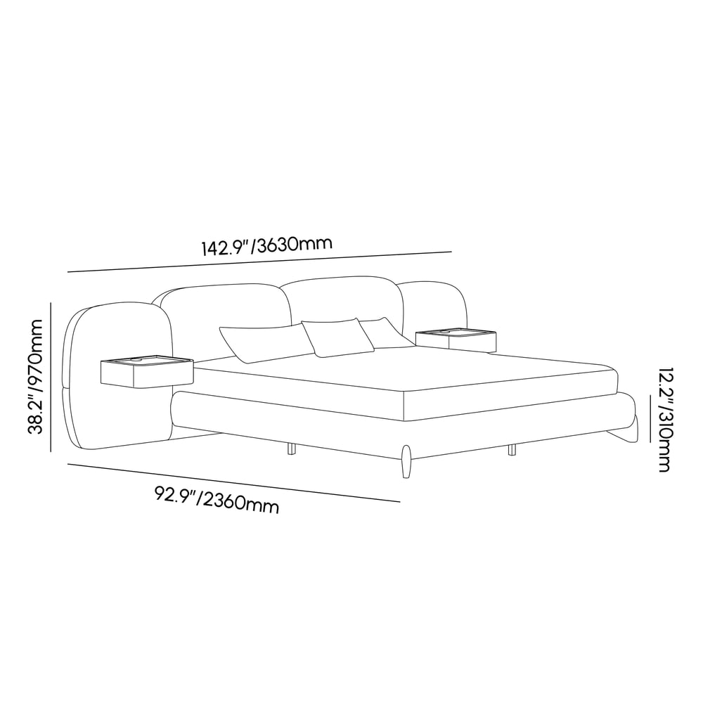 Curva King Size Boucle Bed with Headboard & Floating Smart Nightstand	Set weights dimensions image