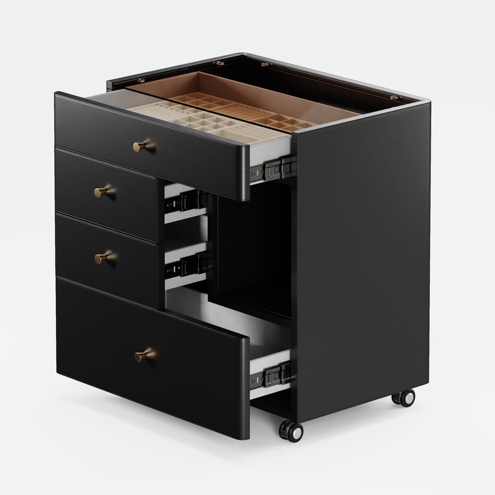 Saddle Leather Walk-In Closet Island Jewelry Dresser with Glass Top window image