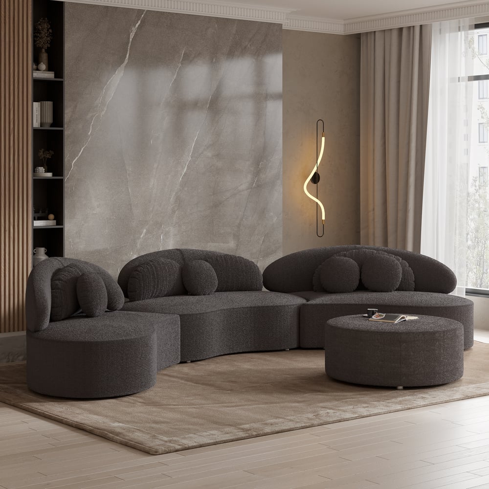 4-Piece Curved Boucle Sectional Sofa with Ottoman & Pillows window image