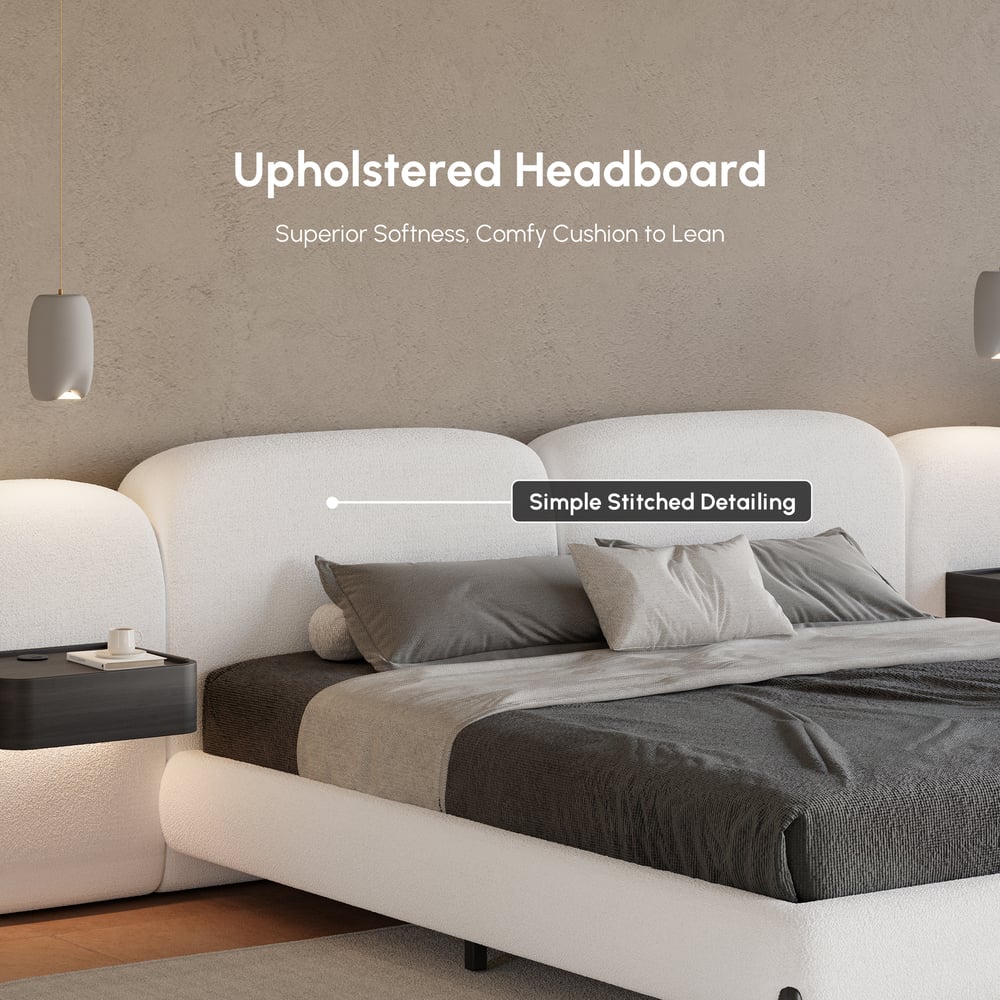 Curva King Size Boucle Bed with Headboard & Floating Smart Nightstand	Set window image