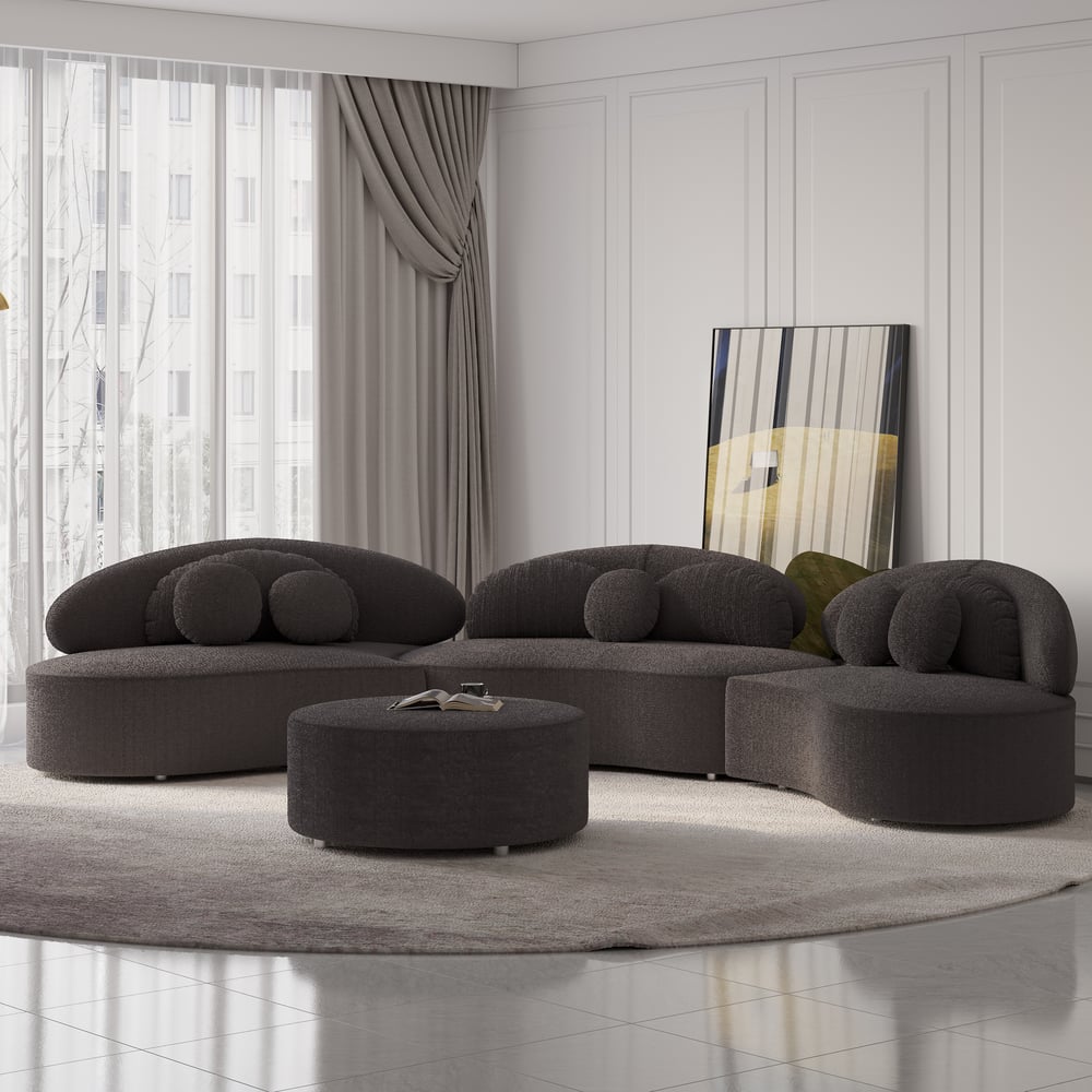 4-Piece Curved Boucle Sectional Sofa with Ottoman & Pillows window image
