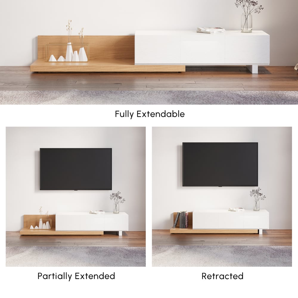 Extendable Floor Natural & White TV Stand with 3 Drawers(47"-100") window image