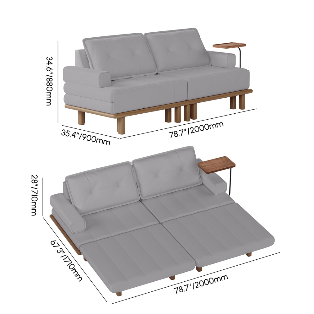 Queen 3-Seater Performance Leather Convertible Futon Bed with Side Table weights dimensions image