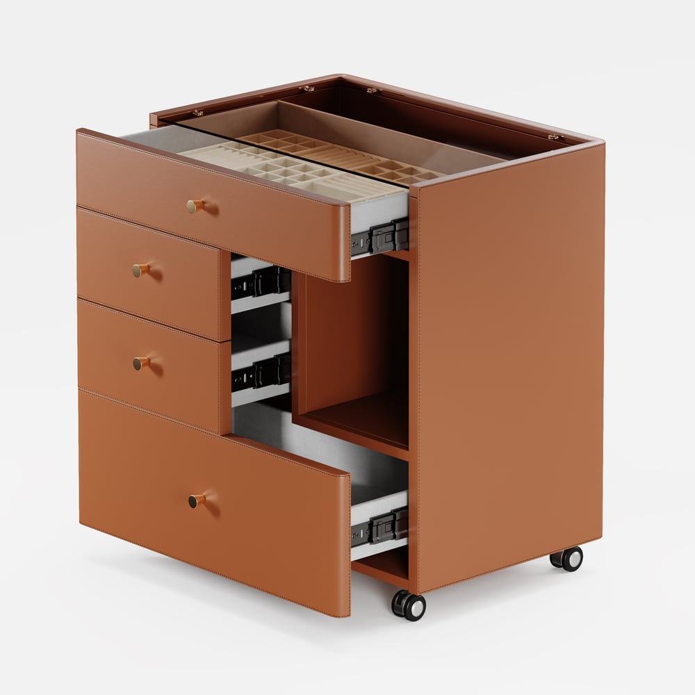 Saddle Leather Walk-In Closet Island Jewelry Dresser with Glass Top window image