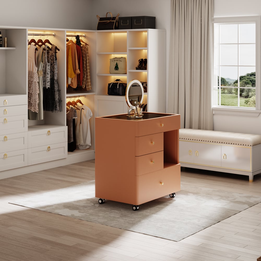 Saddle Leather Walk-In Closet Island Jewelry Dresser with Glass Top window image