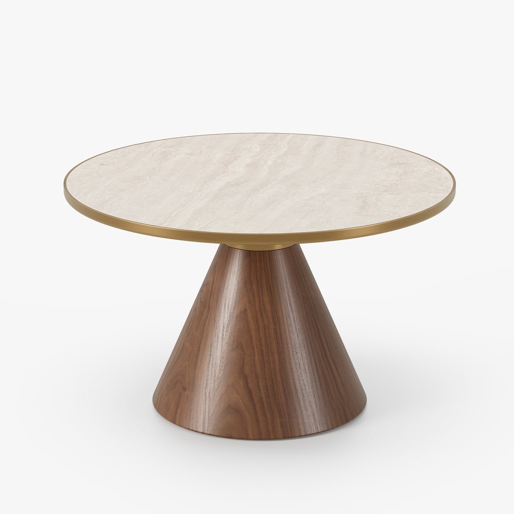 Mesa de café redonda com tampo de pedra sinterizada de nogueira e travertino de 700 mm Imagem da janela