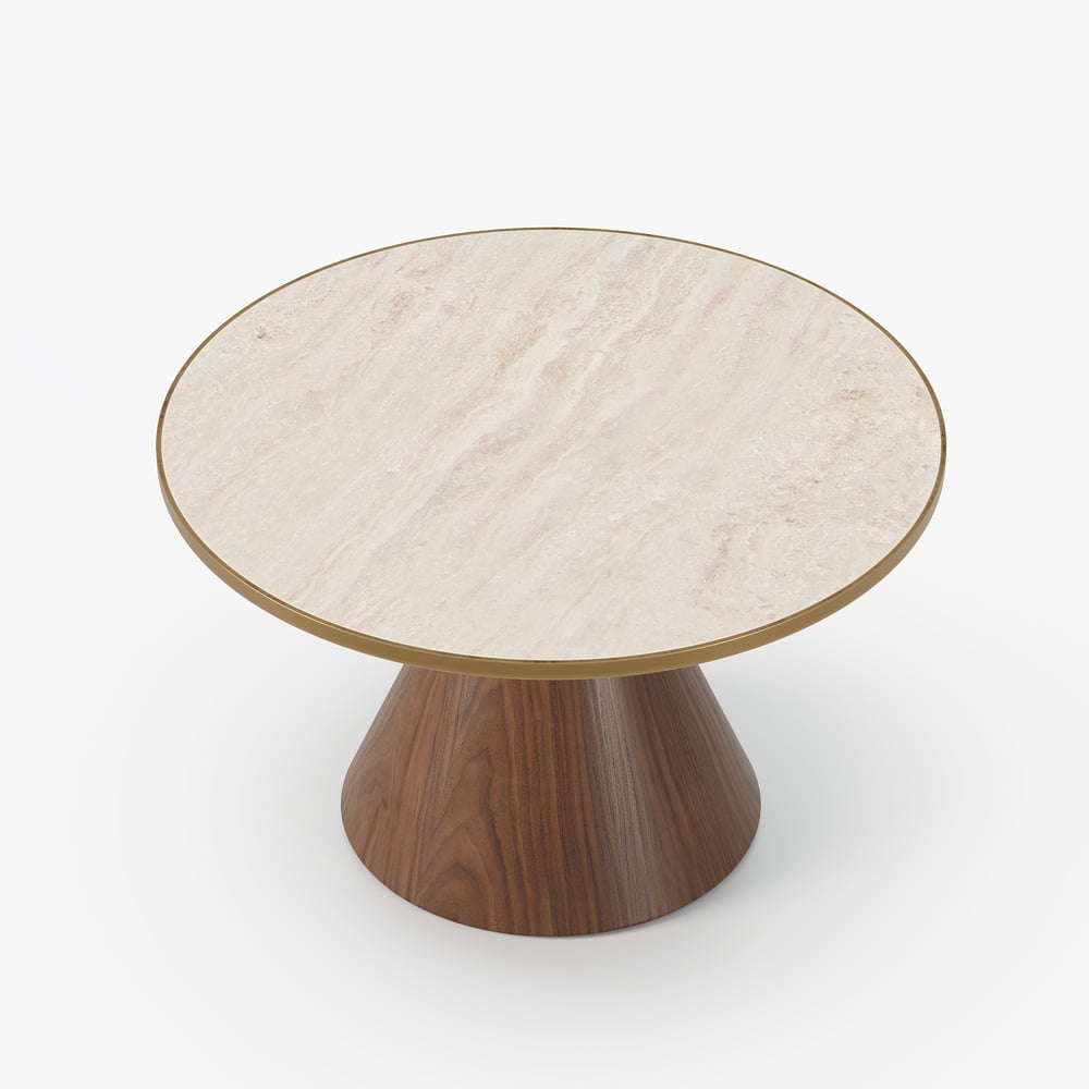 Mesa de café redonda com tampo de pedra sinterizada de nogueira e travertino de 700 mm Imagem da janela