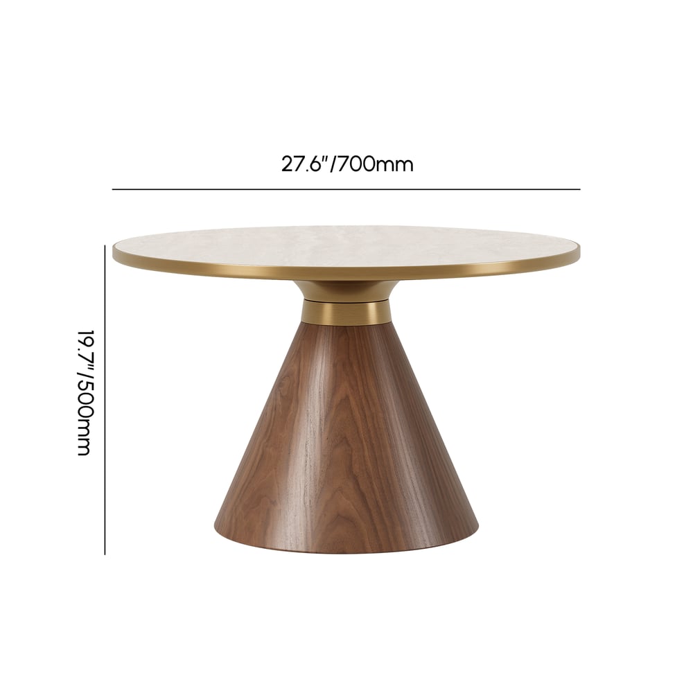 Mesa de café redonda com tampo de pedra sinterizada de nogueira e travertino de 700 mm Imagem com pesos e dimensões